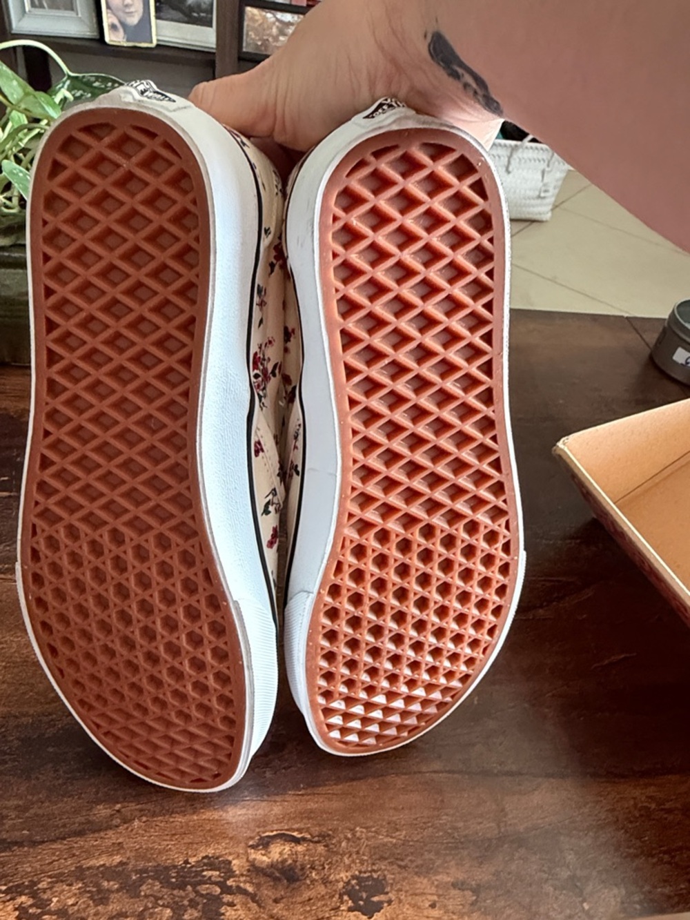 Vans Slip-On Floral Canvas Sneakers - Cream with Pink and Green Accents - Picture 6 of 7